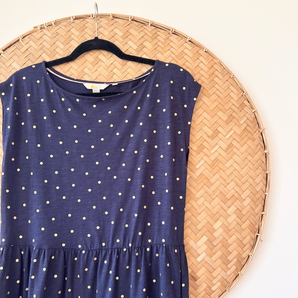 STYLISH BODEN ROMAINE SLEEVELESS DRESS BLUE W/ GOLD POLKA DOTS TIERED SKIRT EUC - Picture 9 of 15